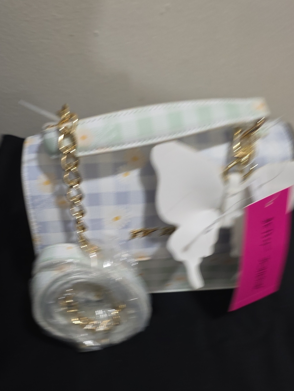 Betsey Johnson Pastel Plaid Chain-Handle Purse with White Butterfly